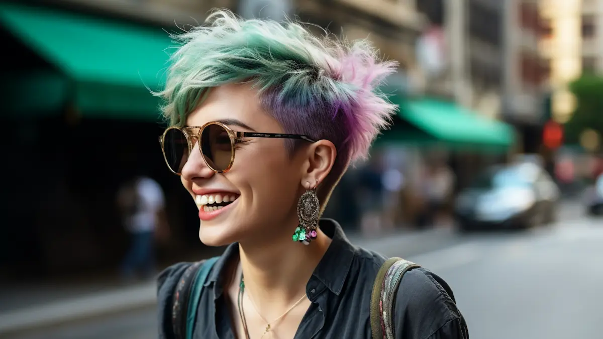 Žena s krátkým účesem jde po ulici