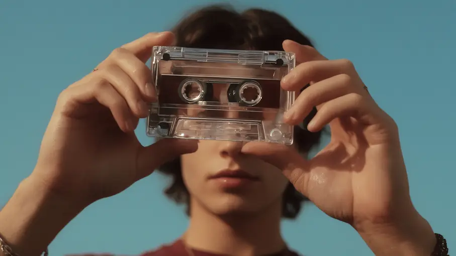 Chlapec drží audio kazetu