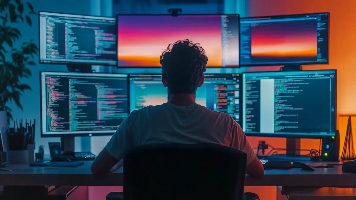 Muž zadává prompty do počítače